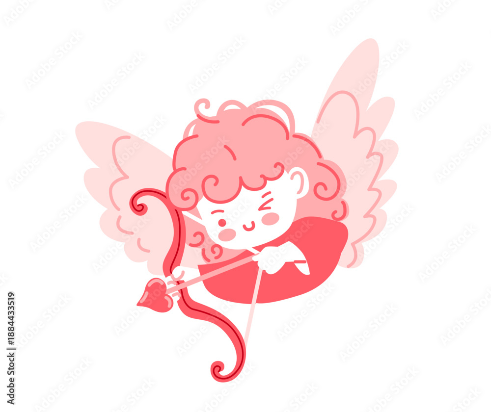 Fototapeta premium Cupid angel girl with bow and arrow. Kawaii character for Valentine's Day concept, symbolizing love and matchmaking. Vector illustration for decorations, prints, and cute designs.