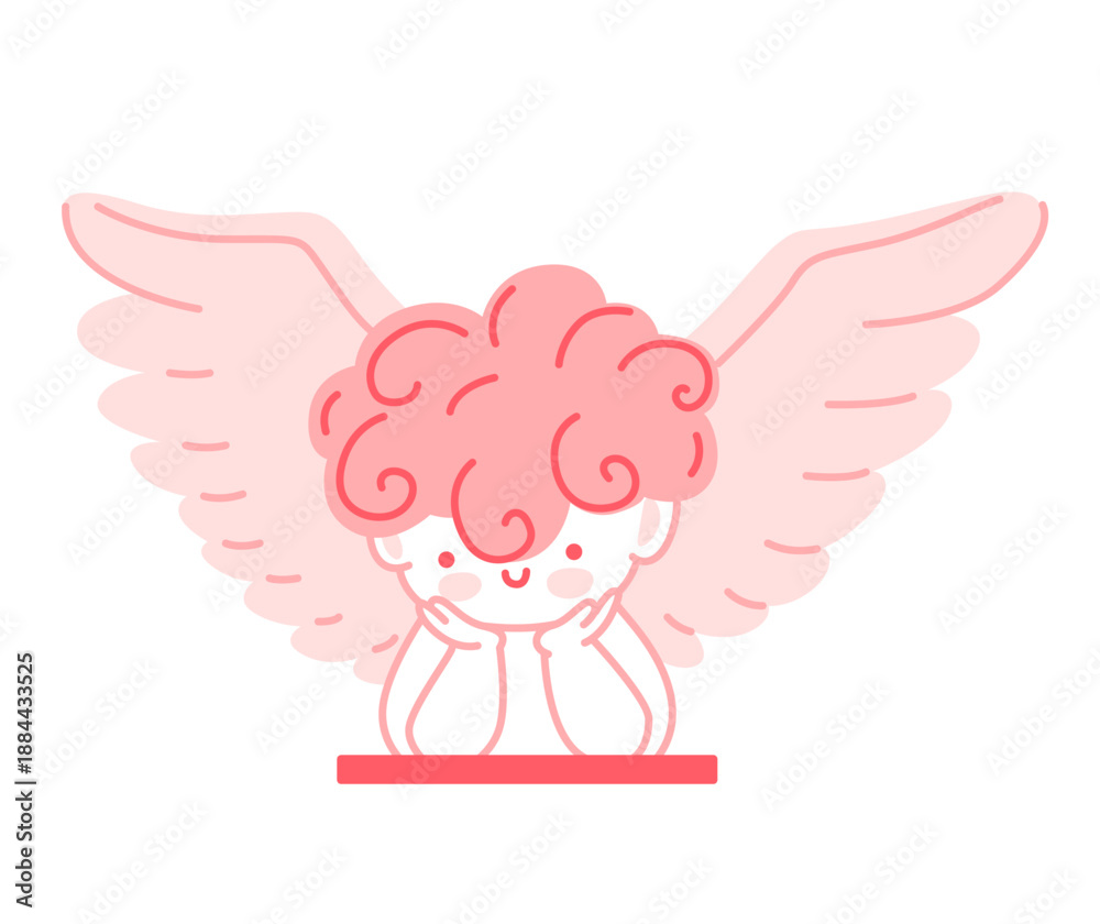 Fototapeta premium Cute pink angel cupid with wings. Adorable cartoon character. Symbol for Valentine's Day cards, romantic gifts, love-themed projects, and social media stickers. Vector illustration.