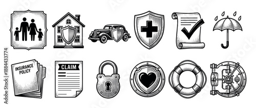 Collection of black and white insurance icons in a vintage engraved style representing family, home, auto, and health protection concepts for financial security and safety