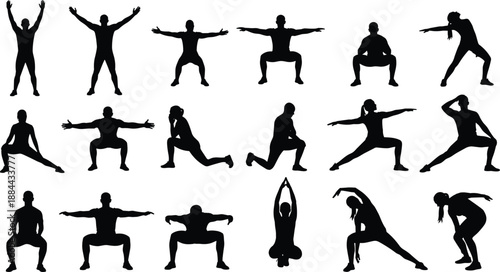 Silhouette Illustration of 20 Exercise and Stretching Poses, Fitness and Wellness Movement Sequence