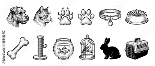Black and white pet shop icon set with a dog, cat, fish, bird, and rabbit, including accessories like a collar, bowl, bone, carrier, and scratching post in a vintage engraving style