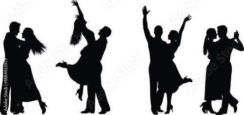 Silhouette Illustration of Dancing Couples in Varied Romantic Poses, Black and White Partner Dance Sequence
