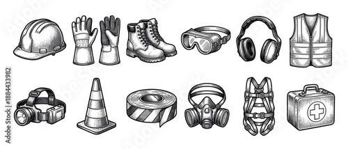 Set of industrial safety equipment icons including a hard hat, gloves, boots, goggles, and vest, all hand-drawn in a detailed black and white vintage engraving style