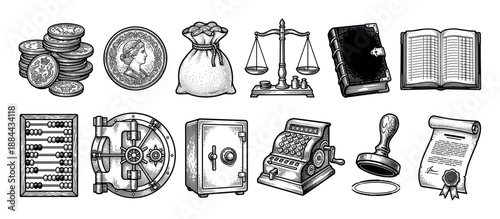 Vintage banking and finance icon set illustration with coins, money bag, scales, ledger, abacus, safe, and cash register in a classic black and white engraving sketch style