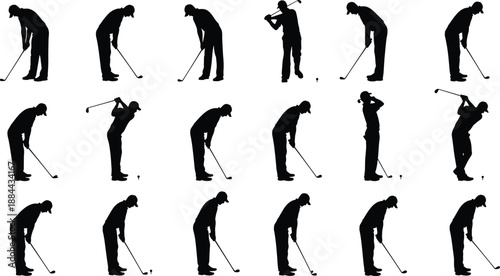 Silhouette Illustration of Golfer Performing Full Swing Sequence, Black and White Sports Motion Study