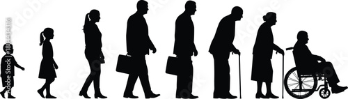 Silhouette Illustration of Human Life Stages from Childhood to Old Age, Aging Progression