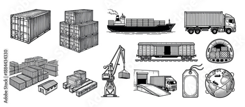 Logistics and shipping icon set with a container, ship, truck, train, and crane in a vintage black and white woodcut style illustration collection for global freight concepts