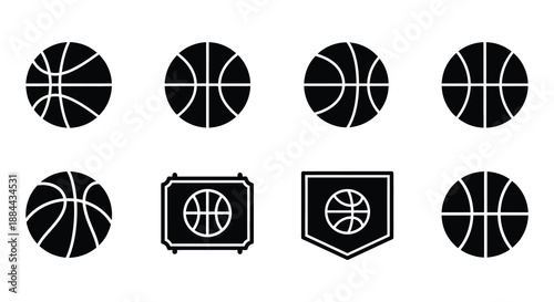 Black and white illustration depicting multiple basketballs and a hoop outline