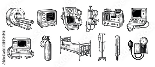 Vintage medical equipment illustrations including an MRI scanner, hospital bed, ECG monitor, and ventilator drawn in a detailed black and white engraving and sketch art style