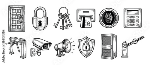 Set of security and access control icons in a vintage hand-drawn engraving style, featuring a padlock, key, camera, fingerprint, shield, server, and turnstile for protection
