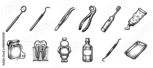 Collection of vintage dental instruments and oral hygiene tools including a mirror, probe, forceps, and toothbrush in a detailed black and white engraving sketch style