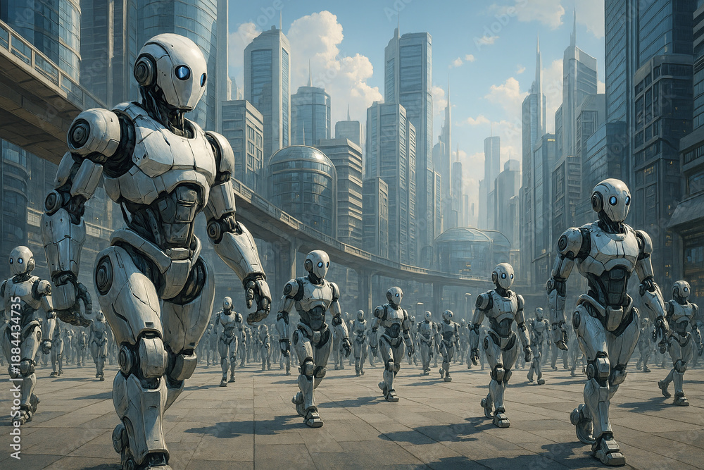 Obraz premium 未来都市を歩くサイボーグ型ロボットの軍団とサイバーパンクな街並みの3Dレンダリング