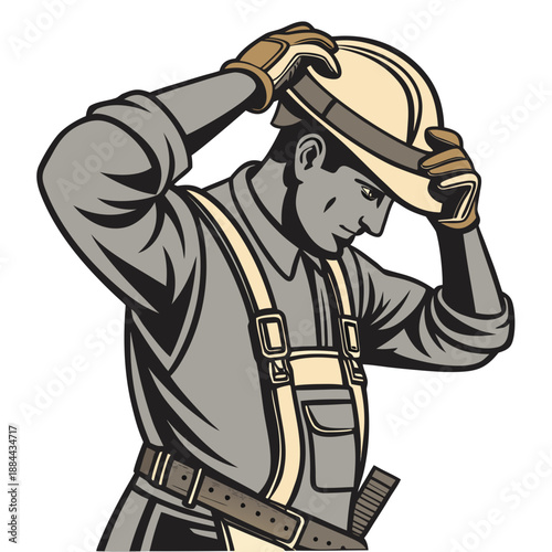 Construction Worker Adjusting Helmet Strap White Background Vector