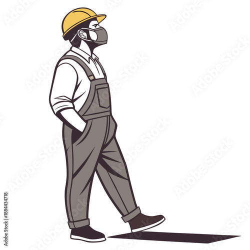Construction Worker Wearing Mask and Helmet White Background Vector