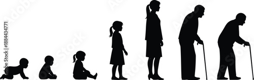 Silhouettes illustrating human life stages from infancy to old age, emphasizing growth, aging, and generational progression over time