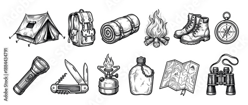 Set of vintage camping equipment illustrations featuring a tent, backpack, compass, and campfire in a detailed black and white hand-drawn engraving or woodcut art style