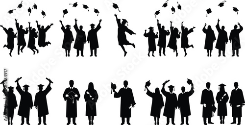 Graduation Celebration Silhouettes Showing Groups of Students Throwing Caps Holding Diplomas and Rejoicing Academic Success for University, College Education and Achievement Concept Illustration