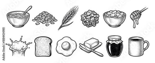 Collection of vintage breakfast food illustrations including cereal, toast, fried egg, coffee, and milk, all hand-drawn in a detailed black and white engraving sketch style