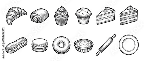 Set of bakery and pastry illustrations including croissant, cupcake, donut, and cake in a vintage black and white engraving style for menu or packaging design