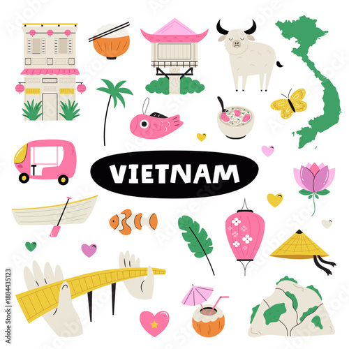 Vietnam Travel Icons Set with Cultural Symbols, Food, Nature and Landmarks. Cute Flat Vector Illustration
