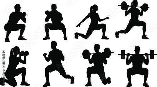 Silhouette of various exercise poses with dumbbells and barbell
