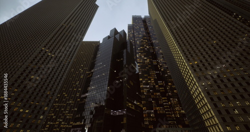 Фотография Tall buildings rise dramatically towards a twilight sky, showcasing a mix of illuminated windows and sleek designs