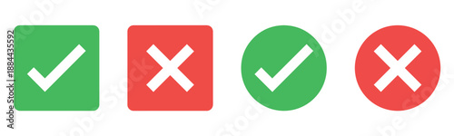 Check mark icon button set. Check box icon with right and wrong buttons and yes or no checkmark icons in green tick box and red cross. Green checkmark and red x sign. Symbols of approval and Decline.