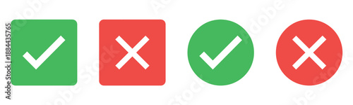 Check mark icon button set. Check box icon with right and wrong buttons and yes or no checkmark icons in green tick box and red cross. Green checkmark and red x sign. Symbols of approval and Decline.