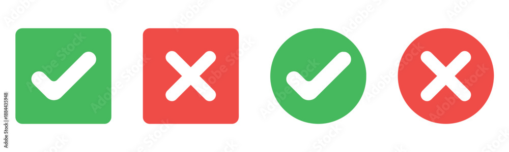 Fototapeta premium Check mark icon button set. Check box icon with right and wrong buttons and yes or no checkmark icons in green tick box and red cross. Green checkmark and red x sign. Symbols of approval and Decline.