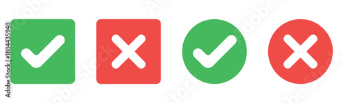 Check mark icon button set. Check box icon with right and wrong buttons and yes or no checkmark icons in green tick box and red cross. Green checkmark and red x sign. Symbols of approval and Decline.
