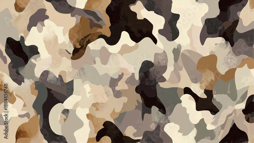 A closeup view of a camouflage pattern with abstract shapes and earthy tones blended together seamlessly.