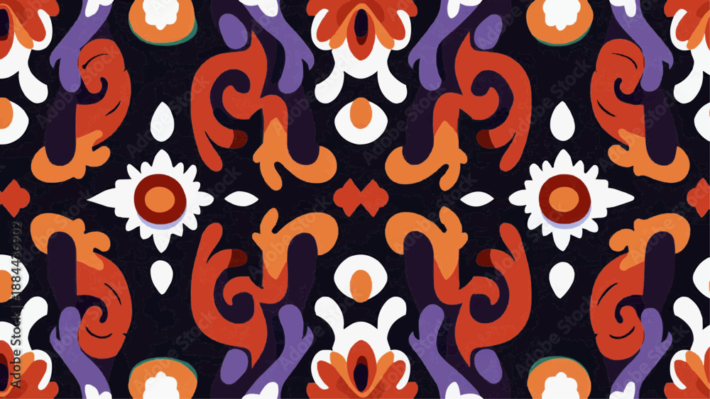 Fototapeta premium Vibrant abstract pattern with swirling shapes and floral motifs on black background