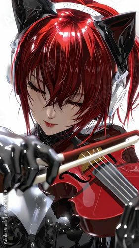 Cyberpunk violinist playing futuristic instrument