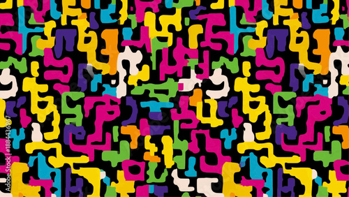 Vibrant colorful puzzle pieces connect forming a large jigsaw puzzle on a table indoors