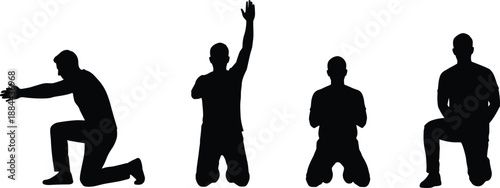 Silhouettes of individuals in varied kneeling postures, illustrating symbolic gestures, contemplation, and physical positioning