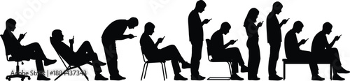 Silhouettes of people in seated and standing postures using smartphones, illustrating modern digital habits and posture changes