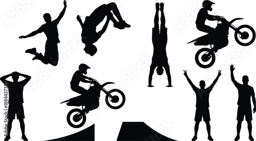 Silhouettes of people performing stunts and dynamic movements, including flips, handstands, and motorcycle jumps over ramps
