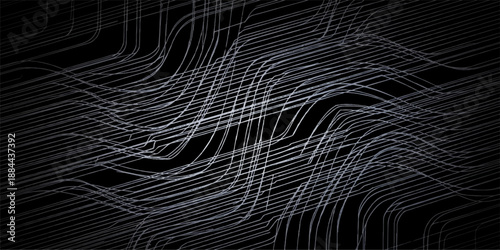 Delicate dew drops glisten on a spider web against a dark nature backdrop, creating a digital-like pattern of light and lines that resembles a complex data technology net in the universe