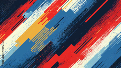 Vibrant abstract artwork features bold colorful brushstrokes and geometric shapes.