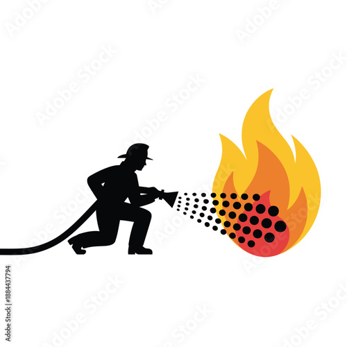 Firefighter extinguishing flames isolated on white background, Vector, illustration