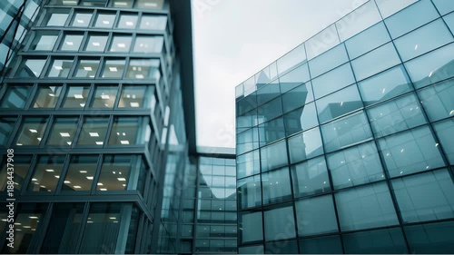 Sleek glass office courtyard with reflective facades, slow dolly video