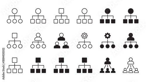 Multiple organizational chart icons black and white on transparent background silhouette