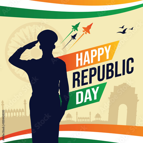 Happy Republic Day India vector. Soldier saluting with tricolor background, Ashoka Chakra, fighter jets, and India Gate silhouette. Patriotic celebration graphic for 26th January national holiday.