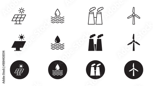 Renewable energy icons depicting solar wind and water power on transparent background silhouette