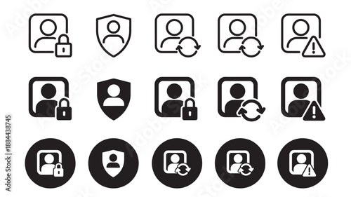 Security user icons set with lock shield and warning on transparent background silhouette