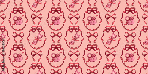 Seamless romantic vector pattern with heart shaped locks, keys and bow decorated ribbon frames in red and pink tones. Elegant Valentine design for textile and fabric printing.