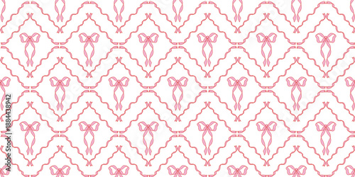 Seamless delicate vector pattern with silk ribbons shaped as diamonds and soft pink bows on white background. Romantic elegant design for textile, fabric and decor.