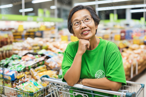Asian woman wearing glasses leans on a shopping cart in a grocery store. She smiles as bright supermarket lights glow above her.