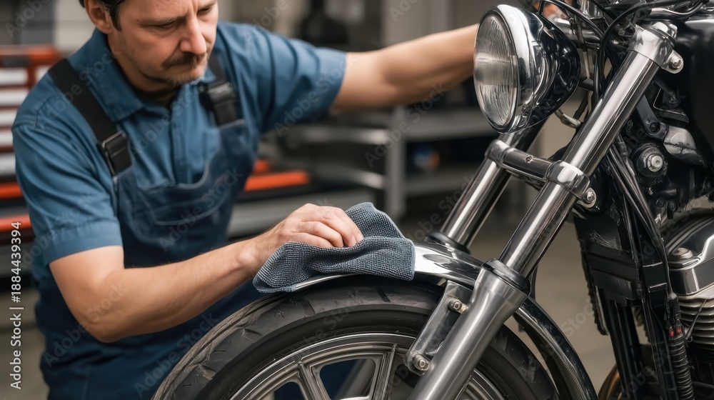 Obraz premium Mechanic Cleaning Chrome Parts on a Motorcycle in Modern Workshop Environment