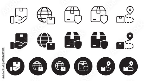 Delivery logistics and global shipping icons set on transparent background silhouette